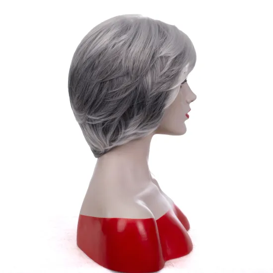 Short Stright Silk Nature Wave Synthetic Hiar Wigs With Cut Silver Gray Ombre Dark Gray Wigs For White Women