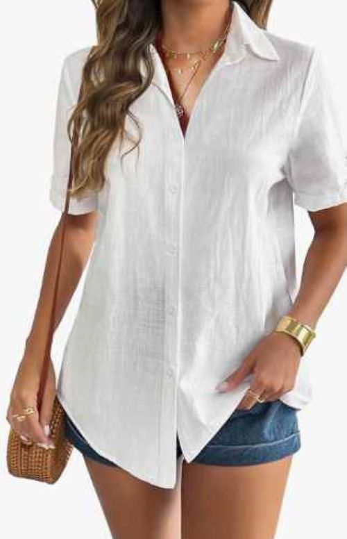 Women's linen button-down shirt with rolled-up short sleeves