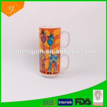 Stacking Ceramic Coffee Mug With Animal decal, High Quality Stackable Ceramic Mug