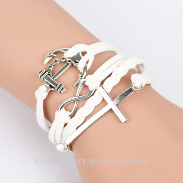 TBC6907-70 2017 New Vintage Multilayer Charm Leather Owl Cross Anchor Bracelet Statement Jewelry