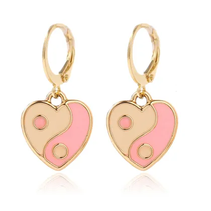 Enamel Heart Shaped Tai Chi Yin Yang Earrings in INS Style: Black, Pink, Blue, Green, and Orange Jewelry for Women