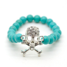 Turquoise 8MM Round Beads Stretch Gemstone Bracelet with Diamante Skull Piece