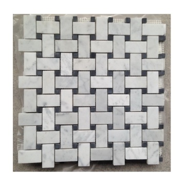 Carrara White Marble Basketweave Mosaic with Black Chips Pattern