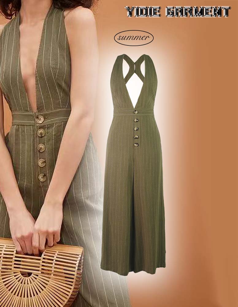 Sexy Deep V Mesdames Backless Striped Jumpsuit