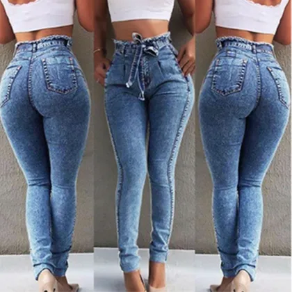 High Quality Raw Edge Denim Lace-up Mid Waisted Skinny Jeans for Women