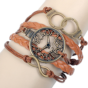Antique bronze freedom handcuffs metal hollow clock Infinity Bracelets fashion watch new brown leather cord bracelets wholesale