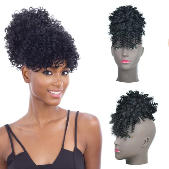 Wholesale Afro Puff Ponytail Drawstring with Bangs Synthetic Short Kinky Curly Drawstring Hair Bun Pony Tail with Fringe