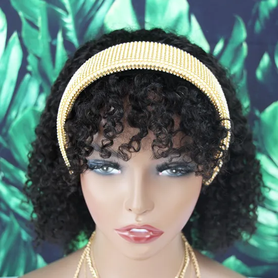 New Arrival Hot Sale Kinky Curly Headband Wig With Detachable Bangs Scalf Wig, Brazilian Glueless Human Hair Wig