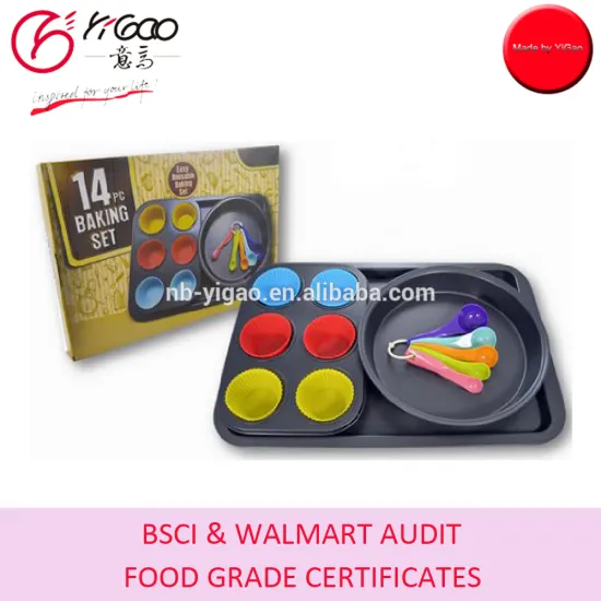 with plastic measuring spoon & silicone cupcake cup & cake pans 14pc baking set