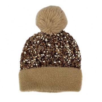 Hot Selling Women's Fall Winter Solid Color Sequined Plush Knit Beanie with Removable Pompom