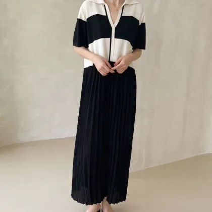 Plus Size Korean Style Lapel Collar Short Sleeve Midi Dress with Knitwear
