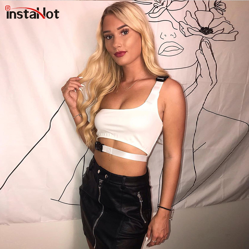InstaHot Single Shoulder Buckle Cropped Top Summer Women Tank Tops Sleeveless White Backless Streetwear Ladies Top Sexy Club 202