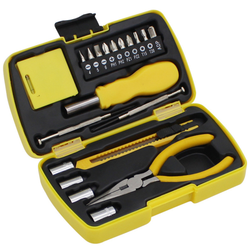Bộ công cụ thủ công bằng thép không gỉ màu vàng với hộp công cụ