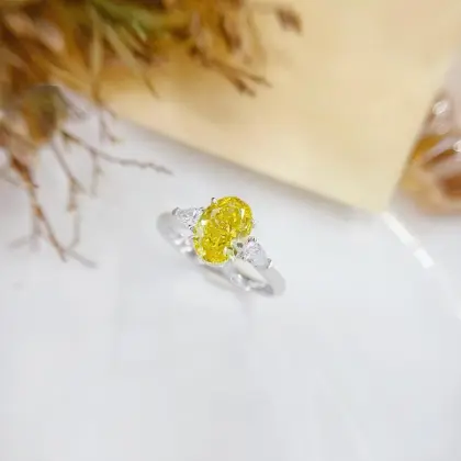 Vivid Yellow Oval Lab Diamond Trilogy Ring