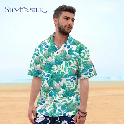 flamingo leaves printed cotton Hawaiian shirt men