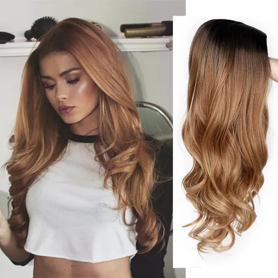 Vigorous Synthetic Long Wavy Dark Root Ombre Brown Cosplay Wigs for Black White Women Colorful Fiber Hair Wigs High Temperature
