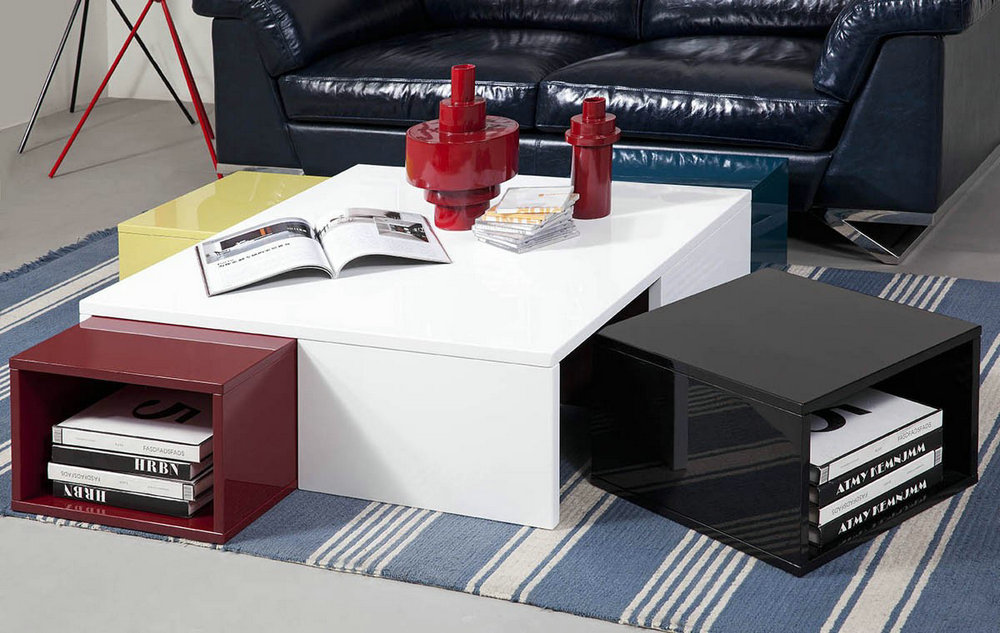 Modern White Coffee Table With Colored Stools