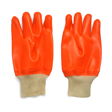 Fluoreszierender PVC-Glatter Endhandschuh. Weißer Strick-Handgelenk