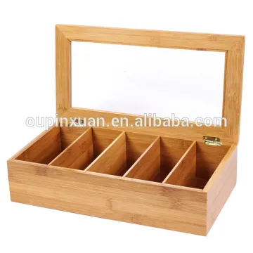 Unique bamboo tea box with 5 compartments and transparent acrylic lid