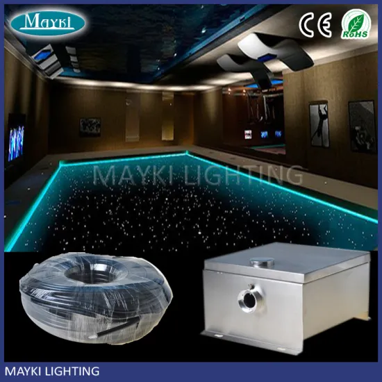 Swimming pool ambient using large fiber optic lamp with side glow fiber and LED 80W projector