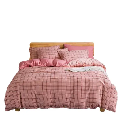 Japan Style Pink Grid Quilt Cover Bedding Set