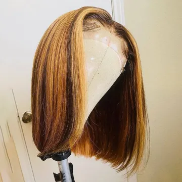 Best Hair Vendors Preplucked 13X4 Peruvian Highlight 1B Honey Brown Color Straight Bob Human Hair Lace Front Wigs