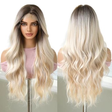 Gradient Blonde with Black Roots 13x6 Synthetic Lace Front Wigs Body Wave HD Lace Heat Resistant