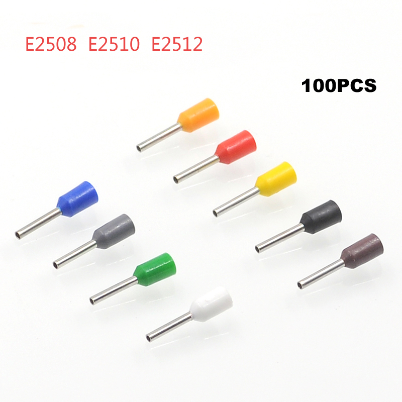 100pcs Tube Insutated Cord End Terminals Electrical Crimp Terminal Wire Connector E2508 E2510 E2512 Wiring Cable Ferrules VE