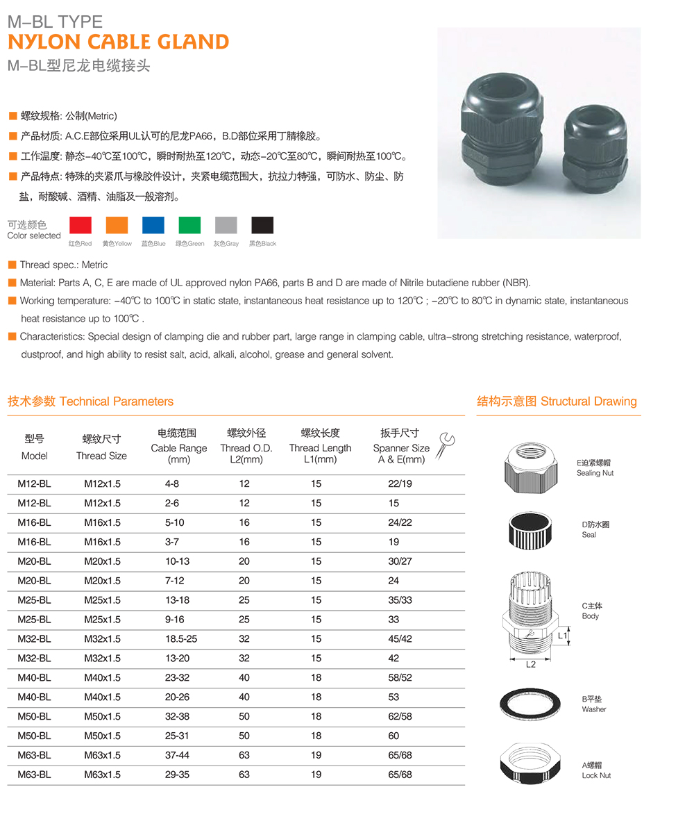 M-BL Cable Gland Data