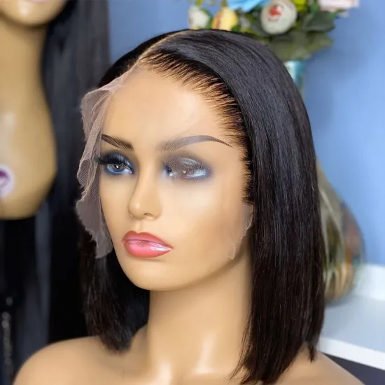 Cheap Raw Indian Hair 150% 180% 200% Density Short Silky Straight Bob Wigs For Black Women Human Hair Lace Frontal Closure Wig