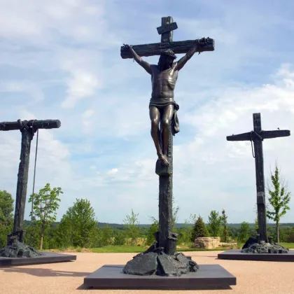Bronze stations of the cross sculpture