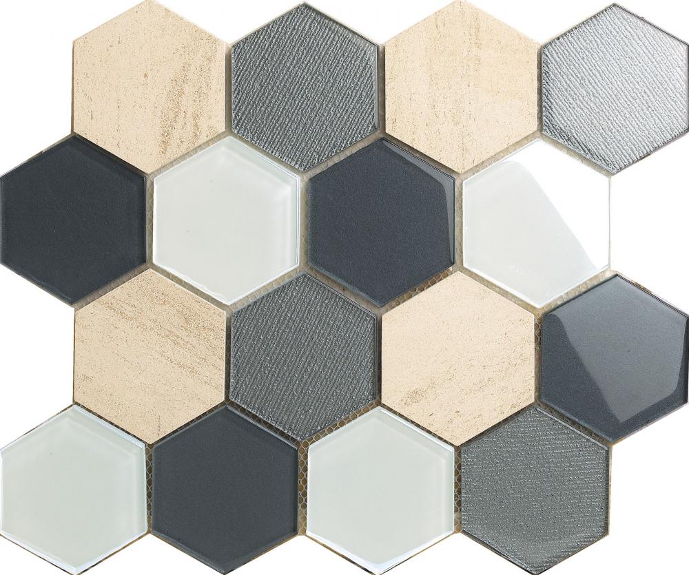 73x73mm Hexagon Marble Glass Mixed Mosaic