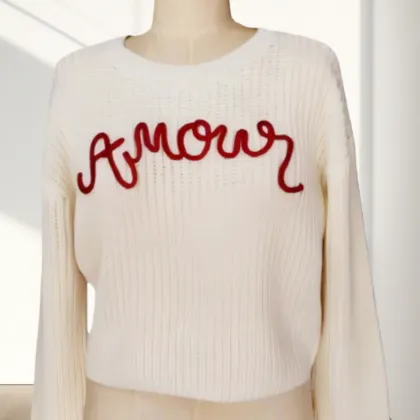 Soft Ivory Knitted Sweater with Beaded Embroidery