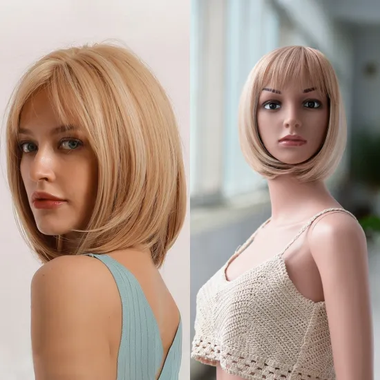 Ombre Ash Blonde Color Machine Made Short Bob Wigs With Bangs For Black Women Daily Use Heat Resistant Synthetic Wig