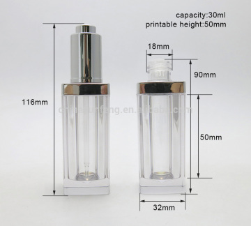 High Quality 30ml Square Clear PETG Plastic Dropper Bottle wIth Silver Press Pump