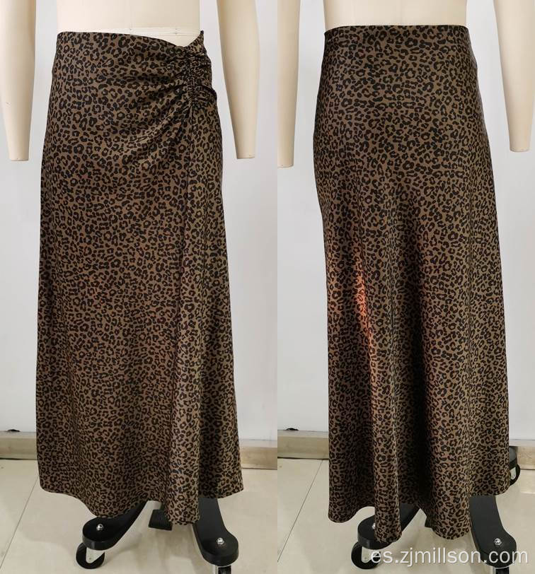 Leopard Pattern Wrinkle Design Midi Lady's Skirts