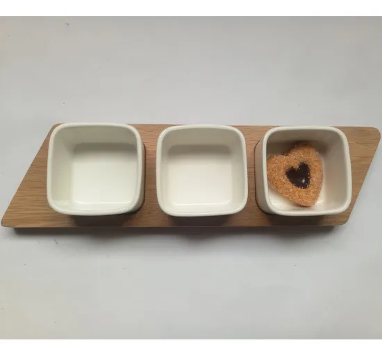 Wood breakfast tray with square ceramic bowl