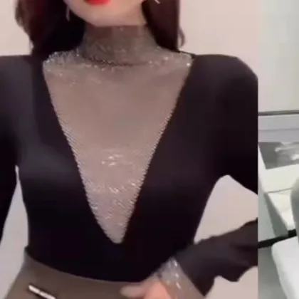 Sexy hollow high neck bottoming shirt