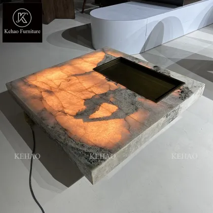 Il Italian Luxury Square Marble Coffee Table with Translucent Onyx and Backlit Patagonia Marble