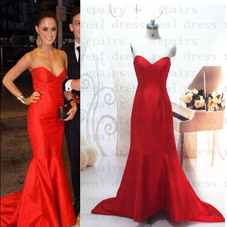 2014 Red Sweetheart Satin Mermaid Red Carpet Gown Long Sexy Evening Celebrity Dresses