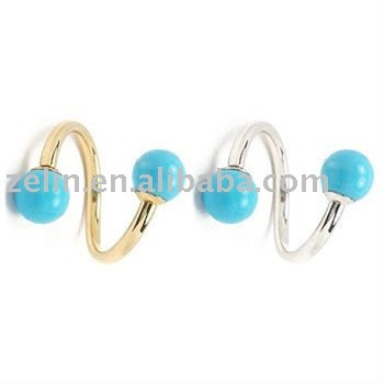 14K Gold Spiral barbell with Turquoise balls,eyebrow jewlelry