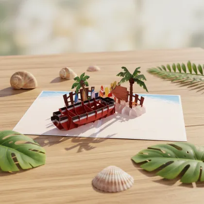 Tropical Beach Boat Vacation Pop Up Card