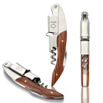 Hot Sale Custom Wine Bottle Opener with Wooden Handle and Metal Corkscrew