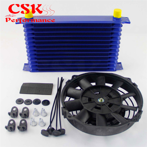 Universal 13 Row AN10 262mm Engine Oil Cooler Trust Type + 7" Electric Fan kit Black/Blue/Gold