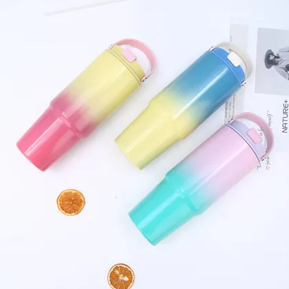 Gradient Stainless Steel Thermos Cup with Handle and Straw for Home & Travel