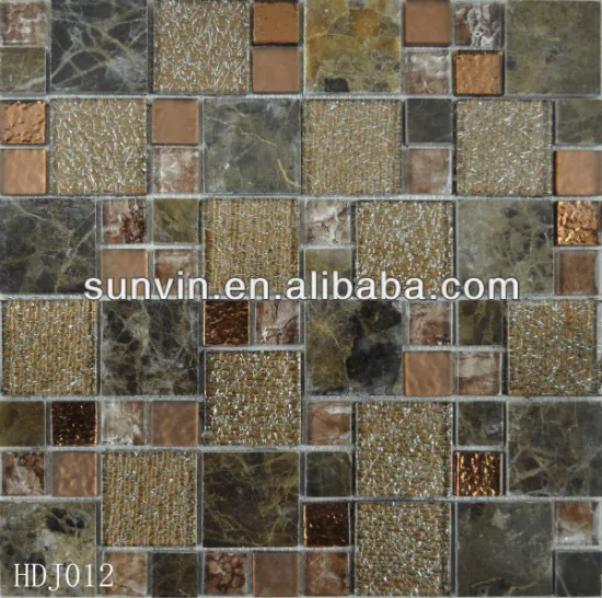 Emperador stone mix glass floor tiles standard size mesh mosaic
