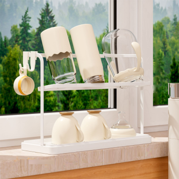 2 Layer Carbon Steel Teacup Dish Drainer with Hooks: Efficient Cup Organizer and Drying Board Shelf for Drink Cups and Mugs