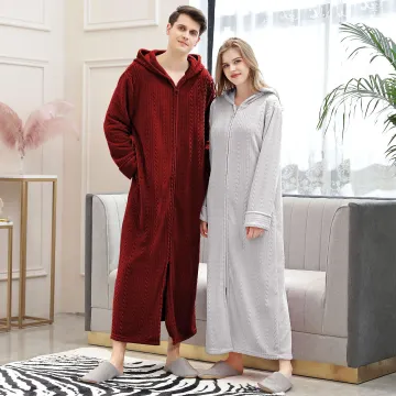 Women's Long French Zip-Up Hooded Embraced Fleece Bathrobe