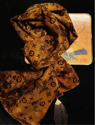 Golden Silk Jacquard Scarf with Phoenix Feather Texture