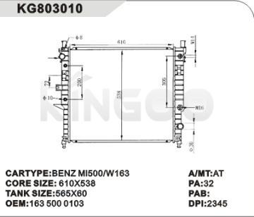 auto radiator car for BENZ MI500 OEM:163 500 0103